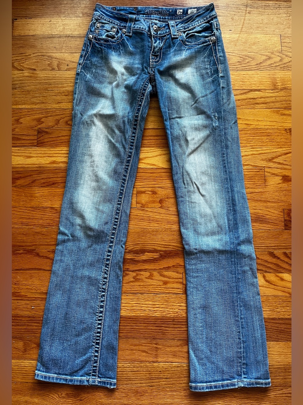 Y2K Miss Me Low Rise Bootcut Embellished Scroll Pocket McBling Western Jeans 26